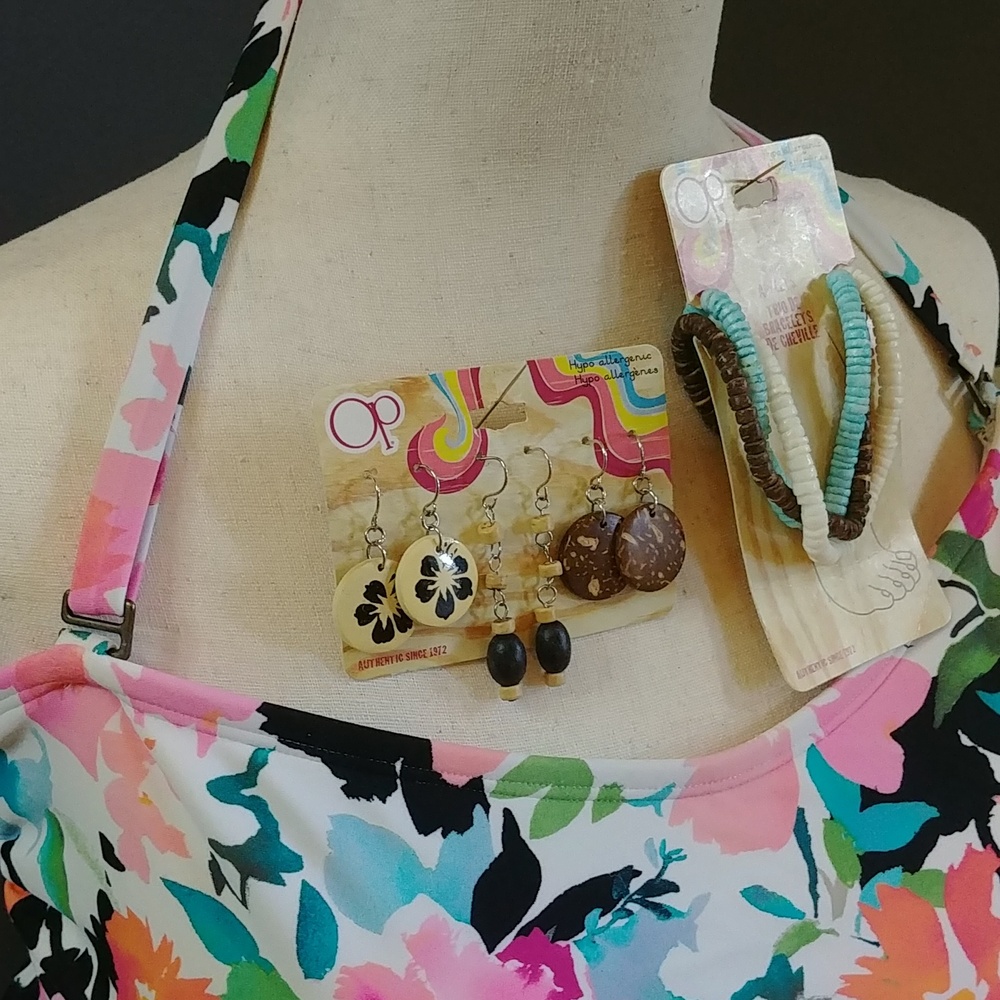 NWT OP Wood Earrings and Trio of Anklets Set